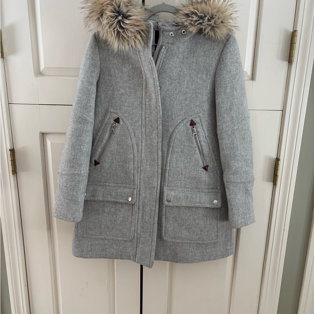 JCrew women’s stadium wool Gray Fur-Trimmed Coat